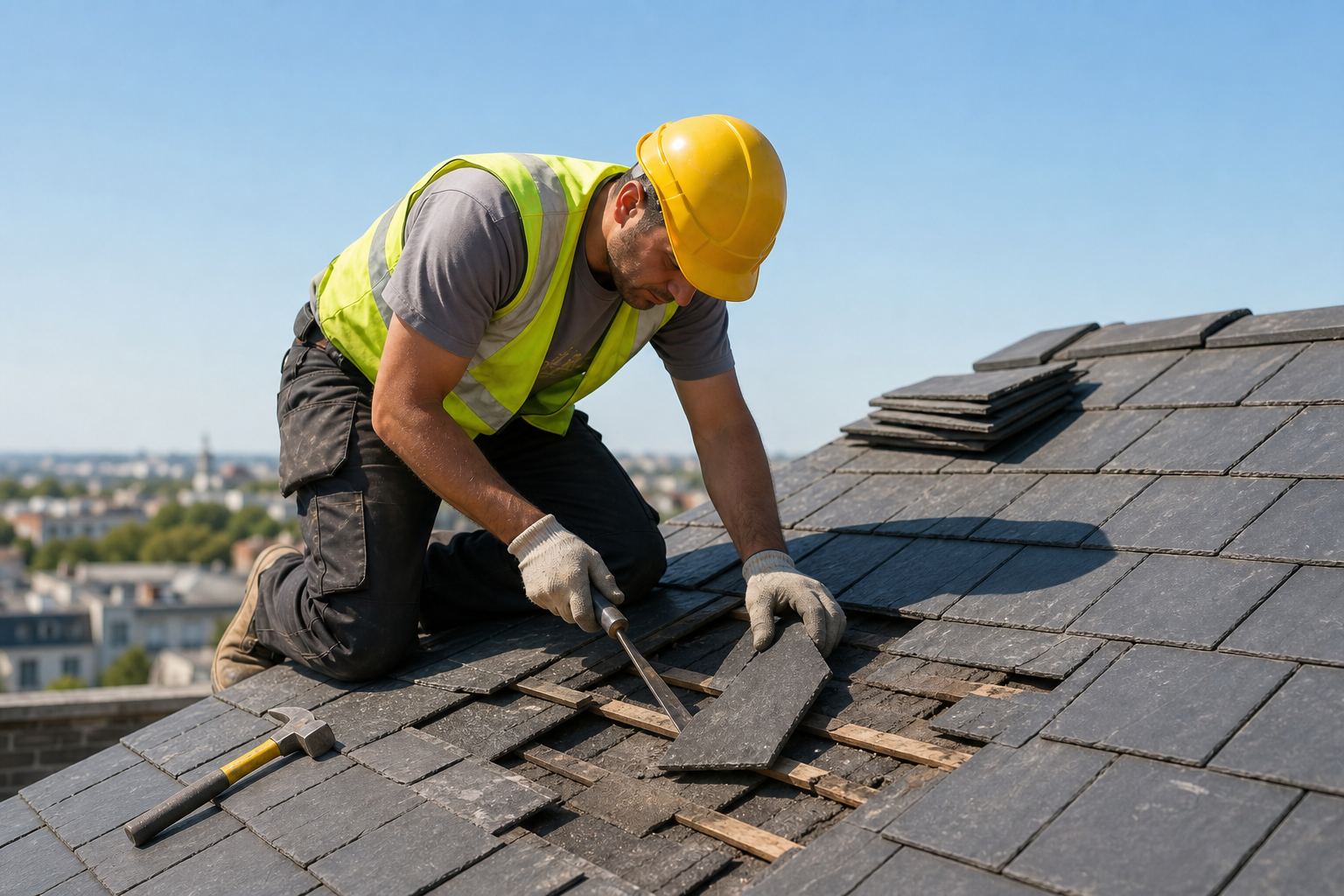 Reparación de tejado de pizarra en rehabilitación de edificio